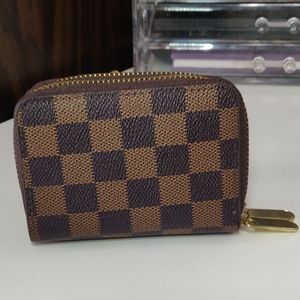 Brown checkered double zip wallet